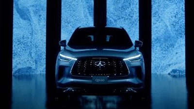 2023 INFINITI QX60 SUV in Moonbow Blue in a digital artwork showroom