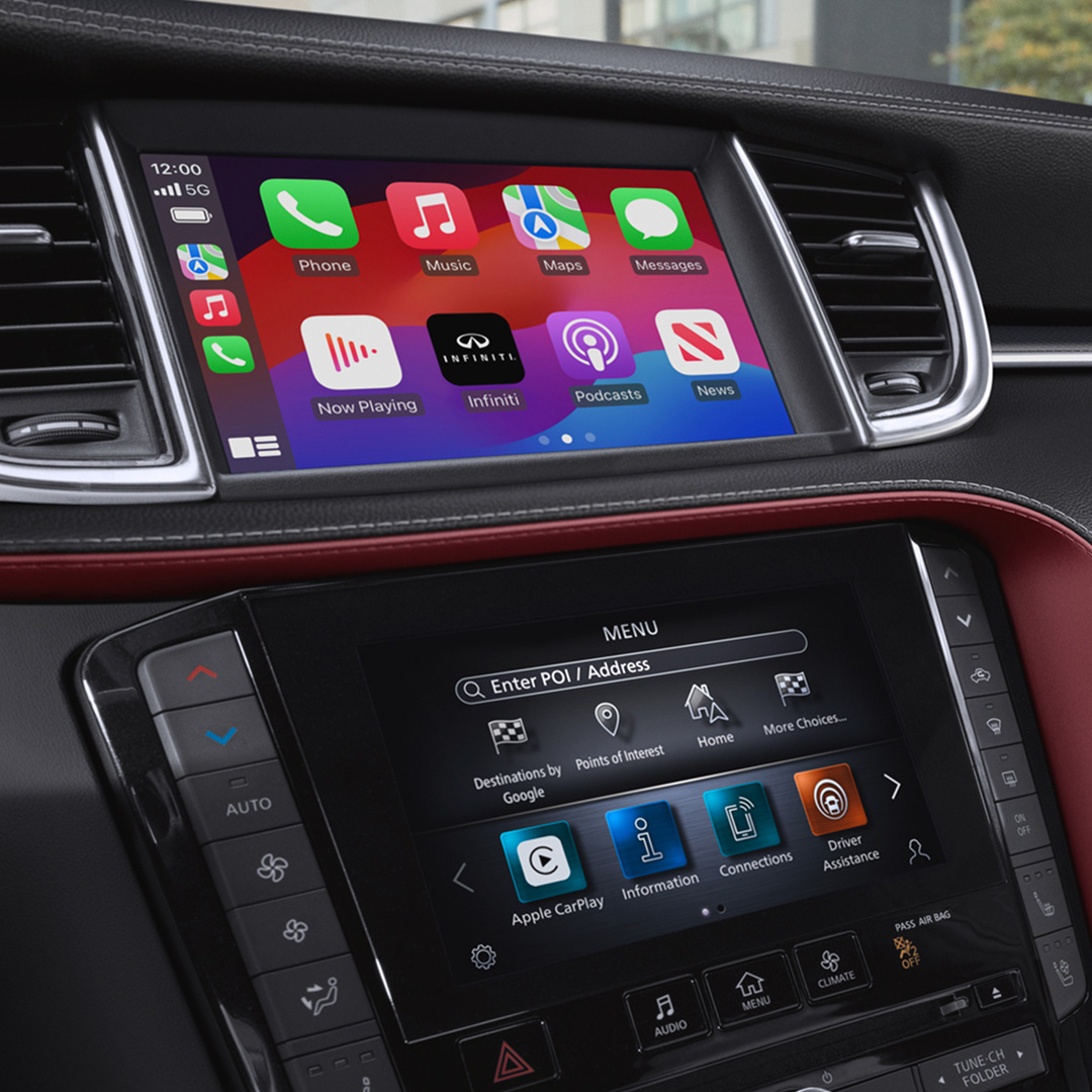 2025 INFINITI QX50 infotainment system showing Apple CarPlay on upper screen and navigation options below