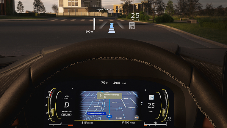2027 INFINITI QX65 head-up display projecting navigation and driving information