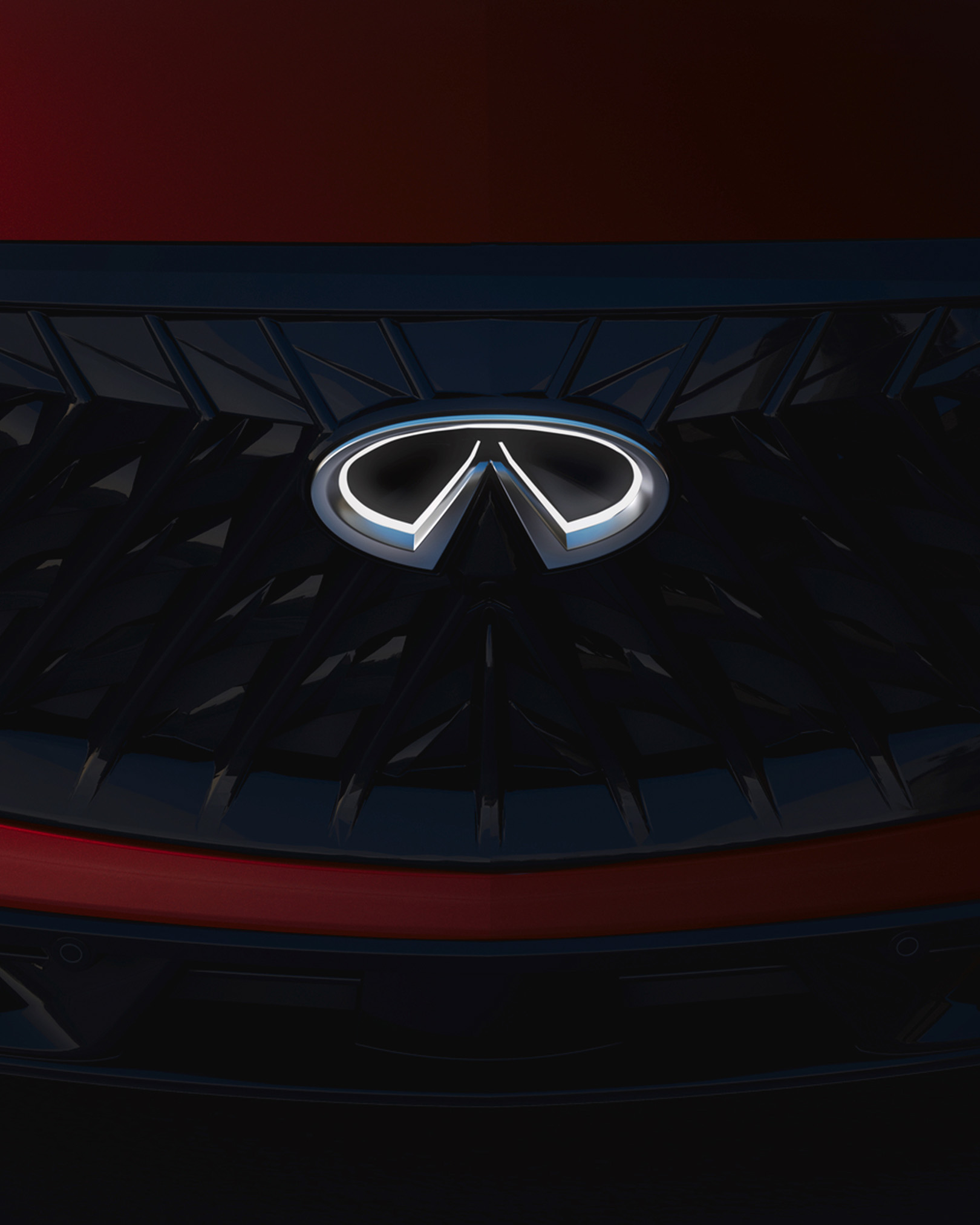 2027 INFINITI QX65 illuminated front emblem with 3D badge design