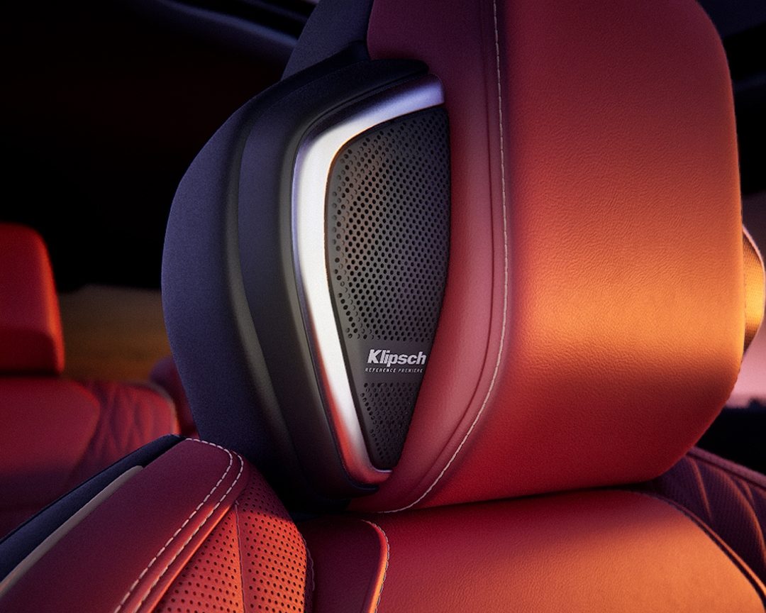 Klipsch Reference Premiere headrest speaker integrated into the 2027 INFINITI QX65 seat