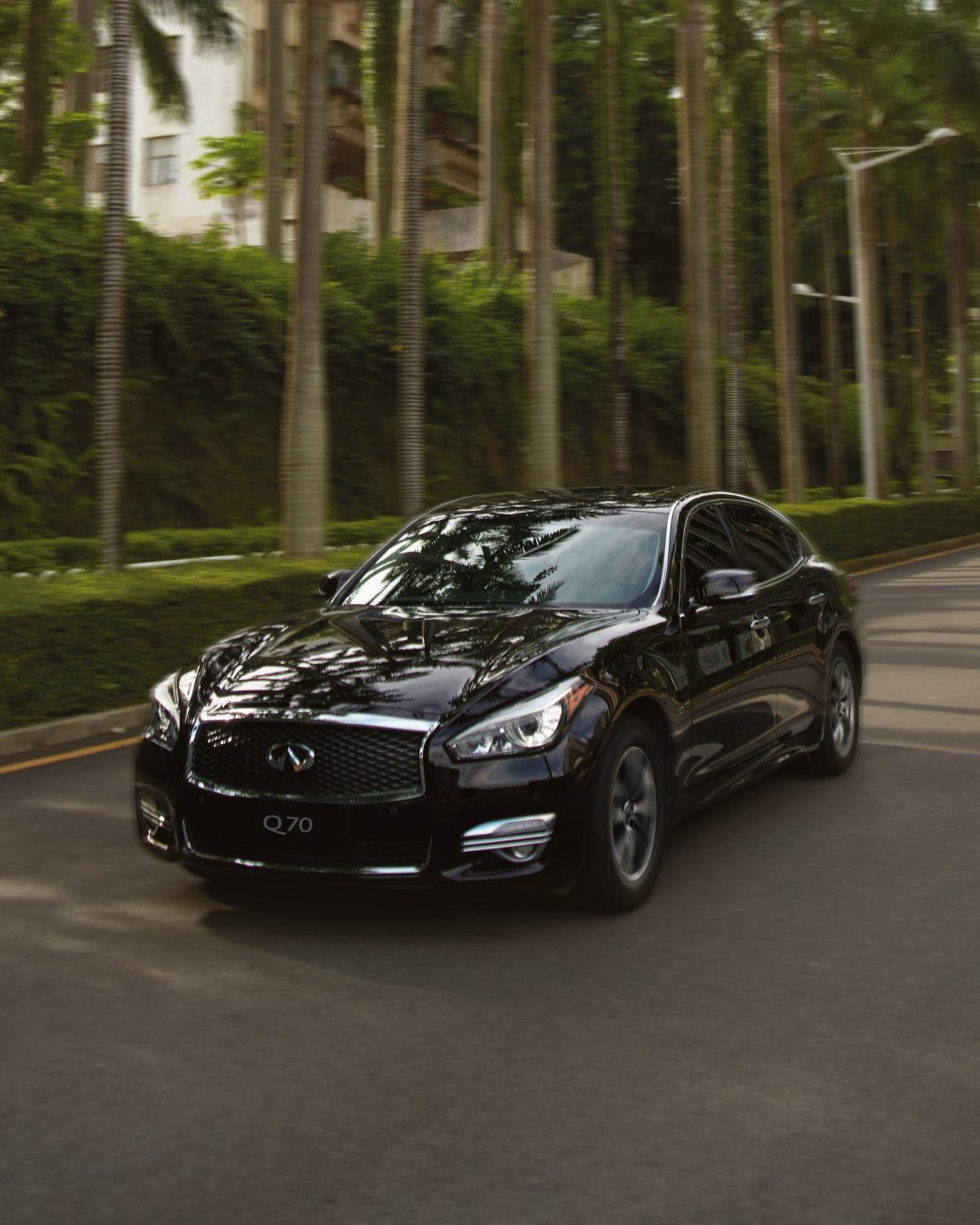 Black INFINITI Q70 surrounded by tall trees