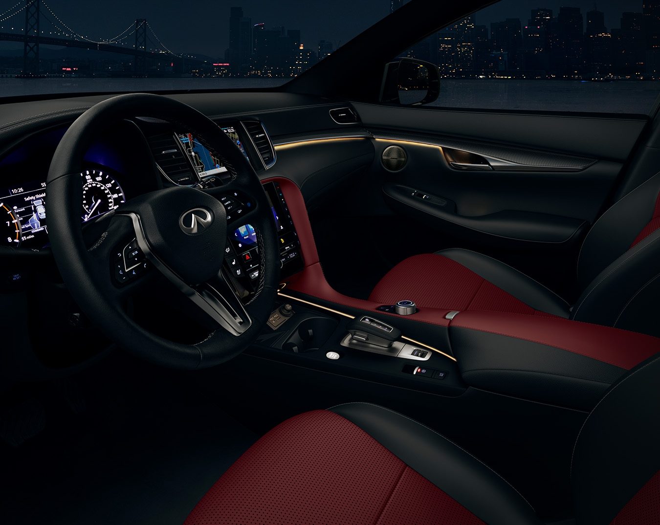 INFINITI QX50's leather seating interior with ambient lighting