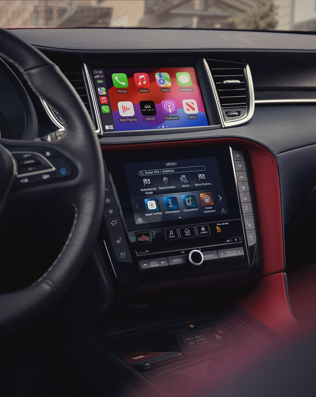 INFINITI QX55 infotainment system with dual touchscreens, Apple CarPlay, and smartphone connectivity