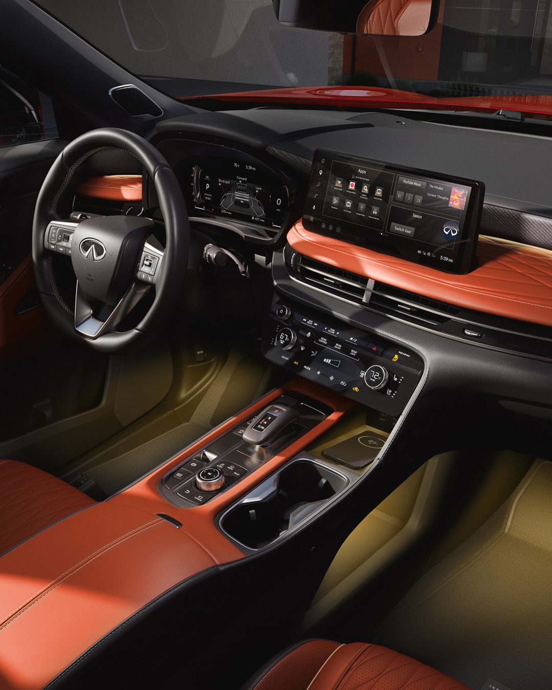 Panoramic moonroof and ambient interior lighting inside the 2027 INFINITI QX65