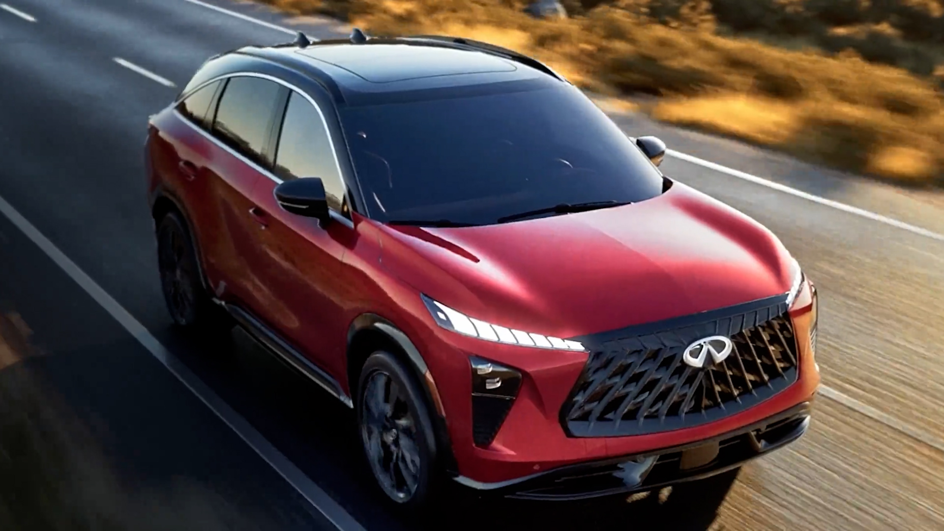 2027 INFINITI QX65 equipped with advanced driver assistance features driving on a highway