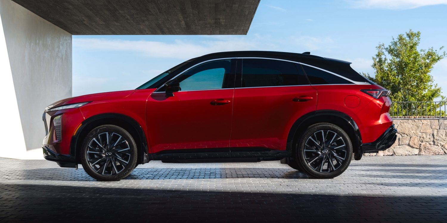 2027 INFINITI QX65 side profile highlighting sportback proportions and vehicle dimensions